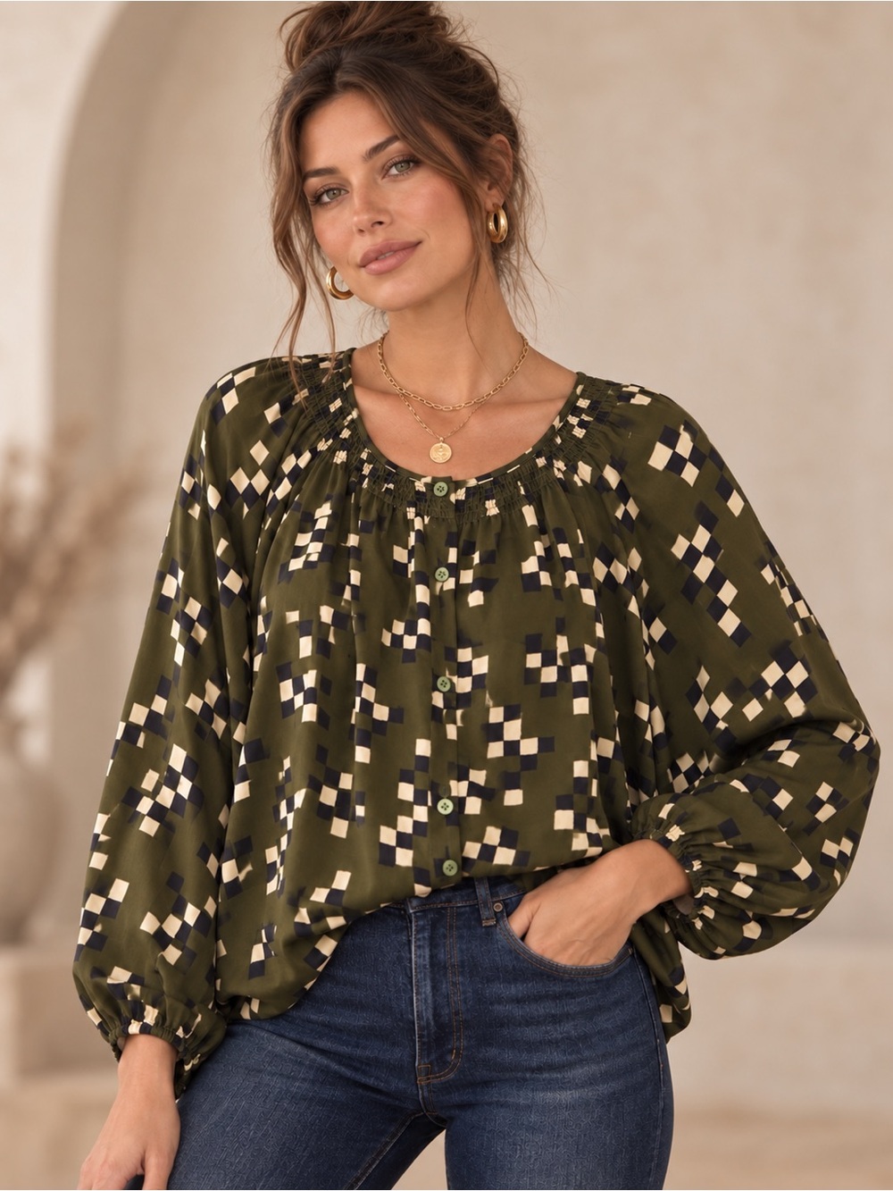Tucker The Classic 100% Silk Geometric Blouse Olive Green Size L